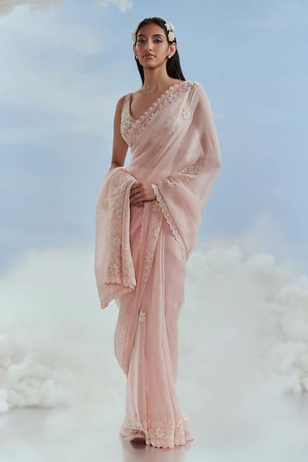 Nachiket Barve Pink Organza Embroidered Floral Deep V Neck Babylon Saree With Blouse  