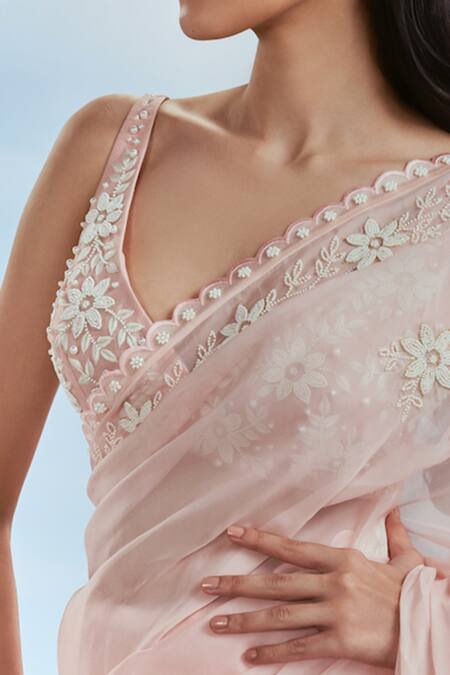 Nachiket Barve_Pink Organza, Tussar, Silk Beads, Embroidery V-neck Babylon Saree With Blouse _Online_at_Aza_Fashions