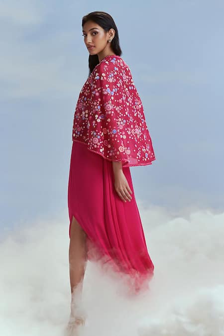 Shop Nachiket Barve Fuchsia Satin, Organza Embroidery, Sequins, Beads Izmir Cape And Skirt Set at Aza Fashions Shop_Nachiket Barve_Fuchsia Satin, Organza Embroidery, Sequins, Beads Izmir Cape And Skirt Set _at_Aza_Fashions