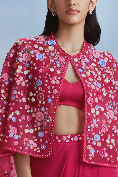 Nachiket Barve Fuchsia Satin, Organza Embroidery, Sequins, Beads Izmir Cape And Skirt Set Online at Aza Fashions Nachiket Barve_Fuchsia Satin, Organza Embroidery, Sequins, Beads Izmir Cape And Skirt Set _Online_at_Aza_Fashions
