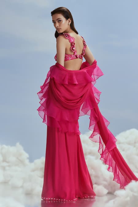 Nachiket Barve Lunar Blossom Ruffle Saree With Embroidered Blouse 