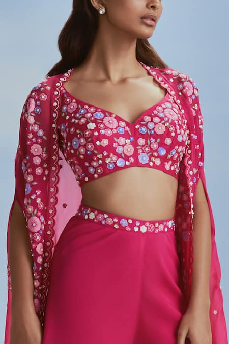 Nachiket Barve_Fuchsia Organza, Chiffon, Georgette Embroidery, Beads Izmir Cape Sharara Set _Online_at_Aza_Fashions