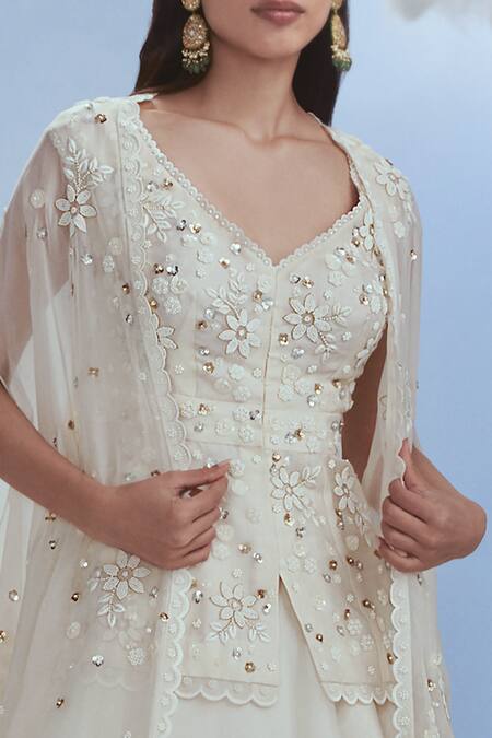 Nachiket Barve_Ivory Organza, Tussar Embroidery, Beads V-neck Babylon Cape Lehenga Set _Online_at_Aza_Fashions
