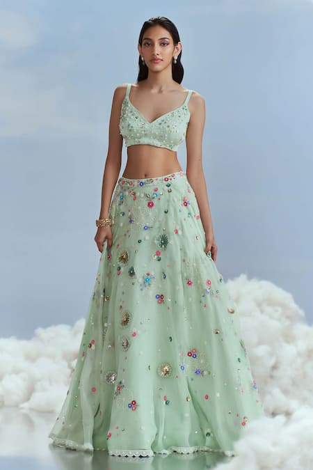 Nachiket Barve_Green Tussar, Silk, Tulle, Organza Embroidery, Lunar Blossom Cape Lehenga Set _Online_at_Aza_Fashions