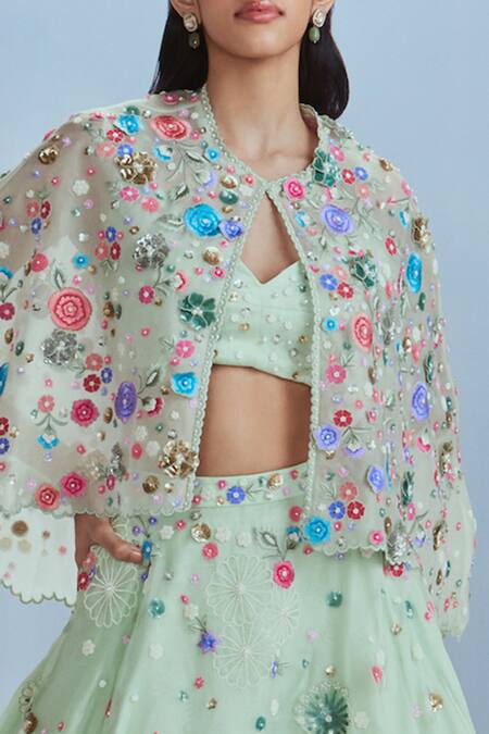 Buy_Nachiket Barve_Green Tussar, Silk, Tulle, Organza Embroidery, Lunar Blossom Cape Lehenga Set _Online_at_Aza_Fashions