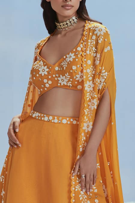 Nachiket Barve_Yellow Organza, Tussar, Chiffon Beads, Babylon Floral Cape Lehenga Set _Online_at_Aza_Fashions