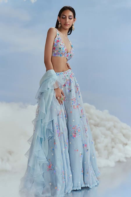 Nachiket Barve_Blue Organza, Chiffon, Tussar Embroidery, Sequins, Beads Izmir Lehenga Set _Online_at_Aza_Fashions