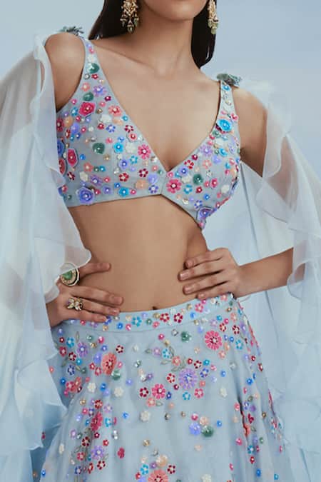 Buy_Nachiket Barve_Blue Organza, Chiffon, Tussar Embroidery, Sequins, Beads Izmir Lehenga Set _Online_at_Aza_Fashions