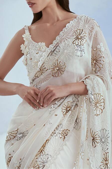 Nachiket Barve_Ivory Organza, Tussar, Silk Beads, Embroidery V-neck Nova Saree With Blouse _Online_at_Aza_Fashions