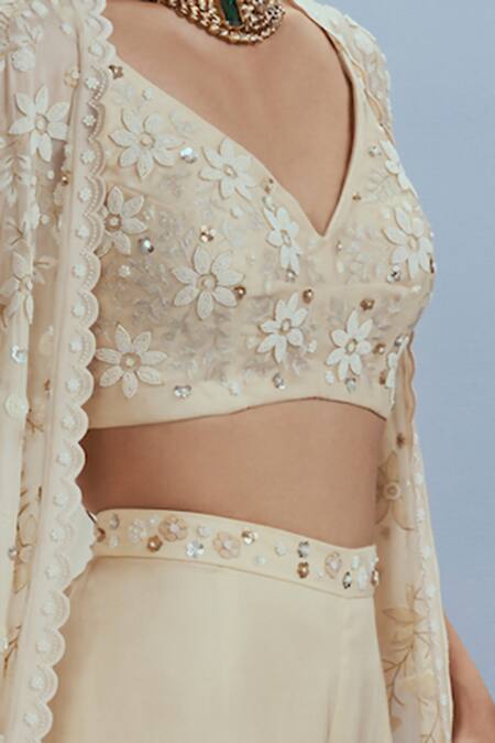 Nachiket Barve_Beige Organza, Chiffon, Satin Embroidery, Beads V-neck Babylon Cape Palazzo Set _Online_at_Aza_Fashions
