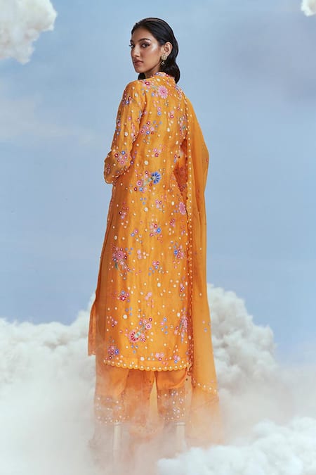 Shop Nachiket Barve Yellow Organza, Chiffon Beads, Izmir Carnations Embroidered Kurta Pant Set at Aza Fashions Shop_Nachiket Barve_Yellow Organza, Chiffon Beads, Izmir Carnations Embroidered Kurta Pant Set _at_Aza_Fashions