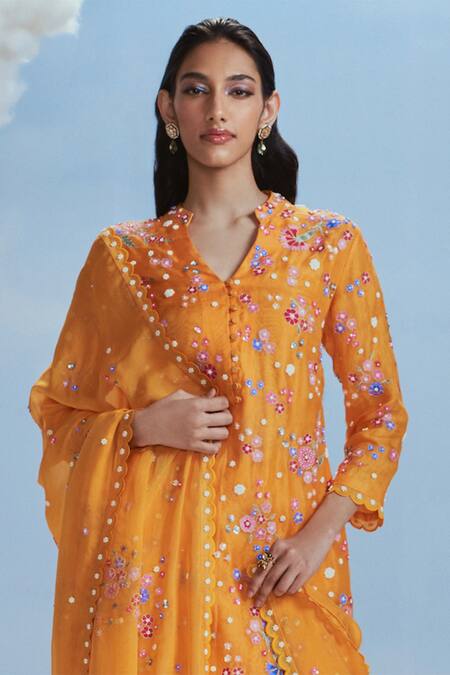 Nachiket Barve Yellow Organza, Chiffon Beads, Izmir Carnations Embroidered Kurta Pant Set Online at Aza Fashions Nachiket Barve_Yellow Organza, Chiffon Beads, Izmir Carnations Embroidered Kurta Pant Set _Online_at_Aza_Fashions
