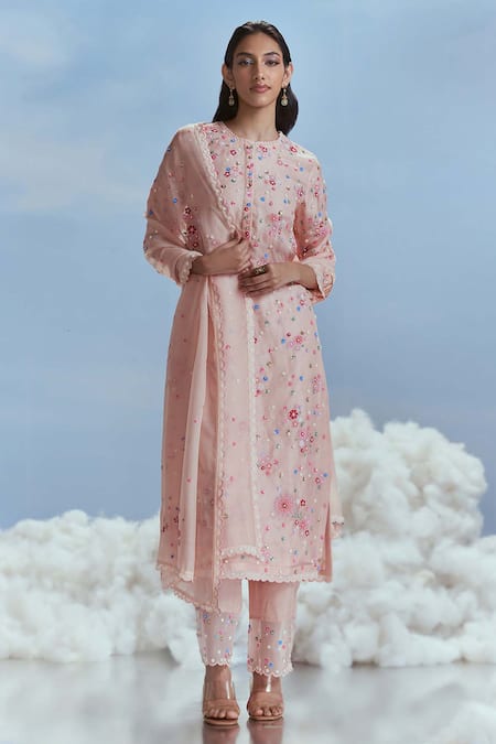 Nachiket Barve Pink Kurta And Dupatta Organza Embroidered Floral Izmir Pant Set  