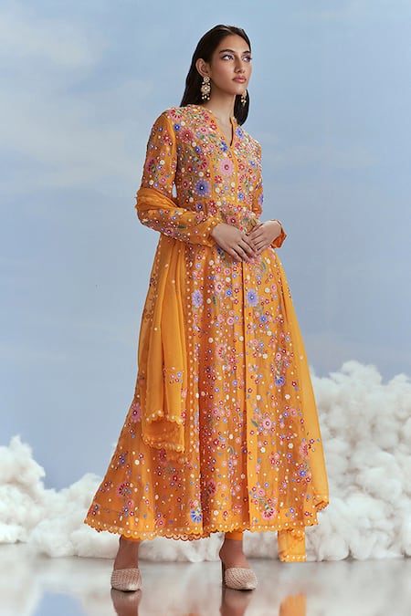 Printed Art Silk A-Line Long Kurta in Orange : TJW2100