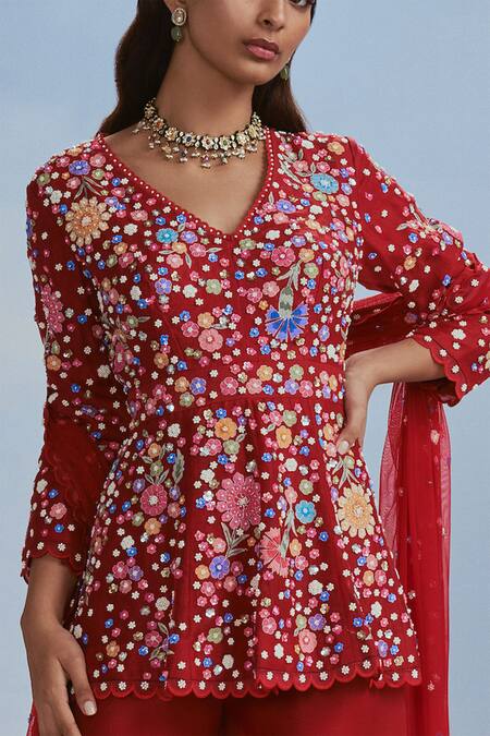 Nachiket Barve_Red Organza, Tulle Embroidery, Sequins, Beads Floral Peplum Top Sharara Set _Online_at_Aza_Fashions