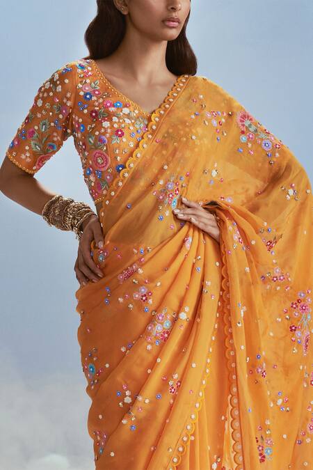 Nachiket Barve_Yellow Organza, Tussar, Satin, Silk Sequins, Izmir Carnations Saree With Blouse _Online_at_Aza_Fashions