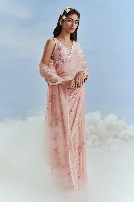 Nachiket Barve Pink Saree And Blouse Organza Izmir Carnations With Lunar Blossom 