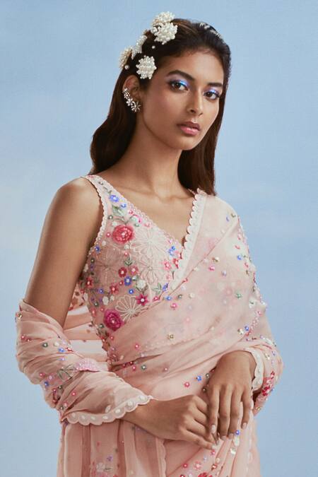 Nachiket Barve_Pink Organza, Tussar, Silk Izmir Carnations Saree With Lunar Blossom Blouse _Online_at_Aza_Fashions