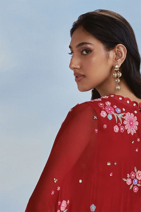 Nachiket Barve_Red Satin, Georgette Sequins Izmir Carnations Embroidered Cape Draped Skirt Set _Online_at_Aza_Fashions