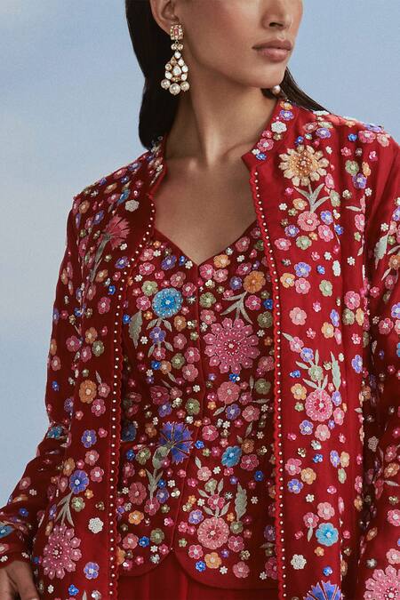 Nachiket Barve_Red Organza, Tussar, Georgette Izmir Carnations Floral Work Jacket Sharara Set _Online_at_Aza_Fashions