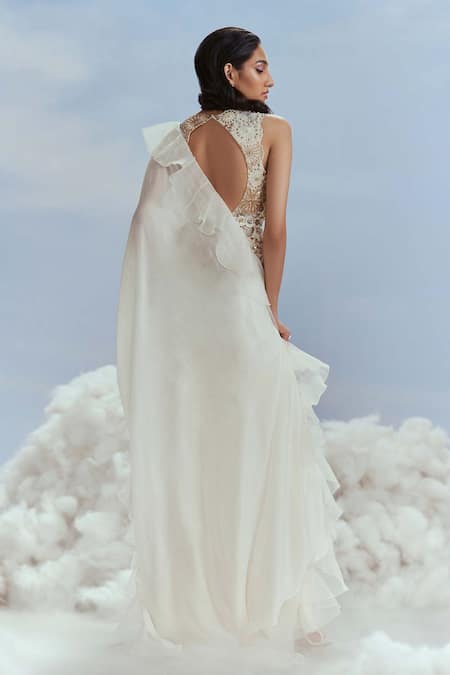 Nachiket Barve Pre-Draped Slit Saree With Celestial Top 