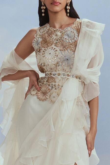 Nachiket Barve_Ivory Chiffon, Organza Embroidery, Pre-draped Slit Saree With Celestial Top _Online_at_Aza_Fashions