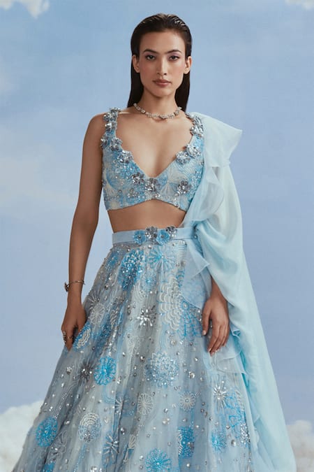 Nachiket Barve_Blue Organza, Chiffon, Tussar Beads, Sequins, Galaxy Floral Lehenga Set _Online_at_Aza_Fashions