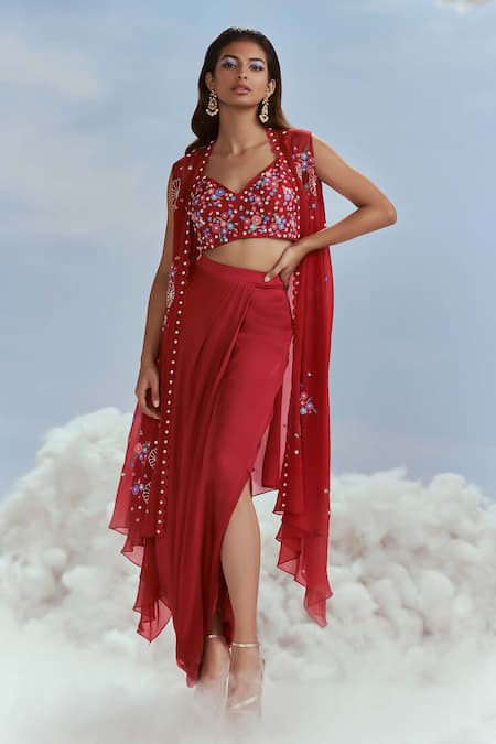 Nachiket Barve Izmir Carnations Lunar Blossom Cape Draped Skirt Set 