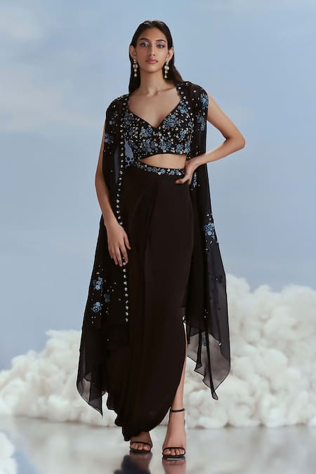 Nachiket Barve Izmir Carnations Lunar Blossom Cape & Draped Skirt Set 