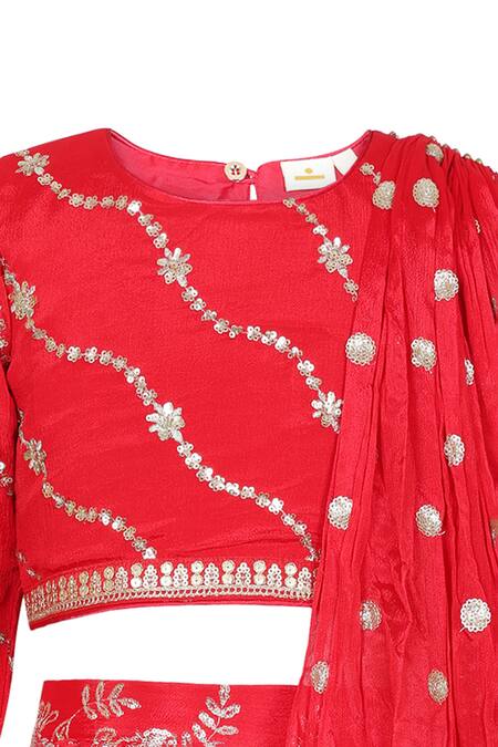 STELLA ROSSA BY LES PETITS_Red Cotton, Chiffon Embroidery, Mirrors Floral Vine Pattern Blouse Lehenga Set_Online_at_Aza_Fashions