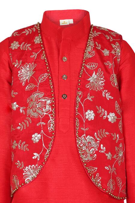 STELLA ROSSA BY LES PETITS_Red Cotton Embroidery Floral Vine Pattern Nehru Jacket With Kurta Set_Online_at_Aza_Fashions