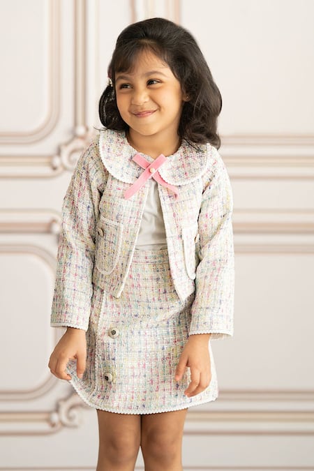 Shop_Ruchika Lath Label_White Tweed, Linen Jacket With Skirt _at_Aza_Fashions