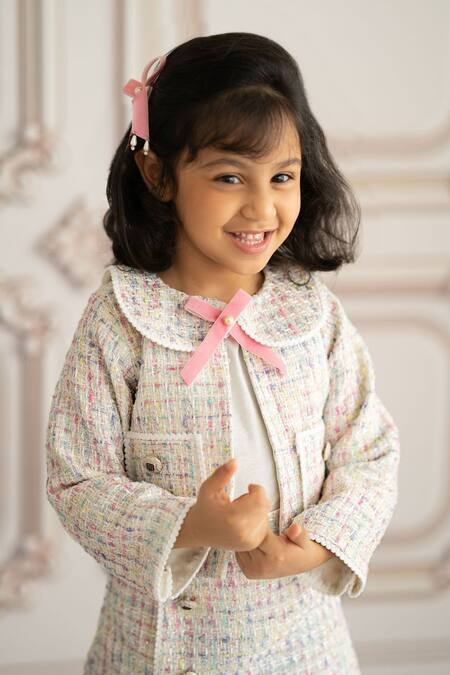 Shop_Ruchika Lath Label_White Tweed, Linen Jacket With Skirt _Online_at_Aza_Fashions