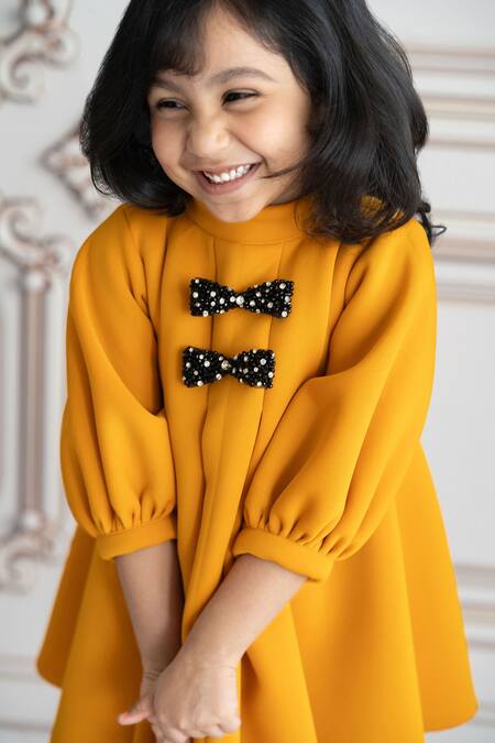 Ruchika Lath Label_Yellow Neoprene, Crepe Bows Placement Crystal Embroidered Dress _Online_at_Aza_Fashions