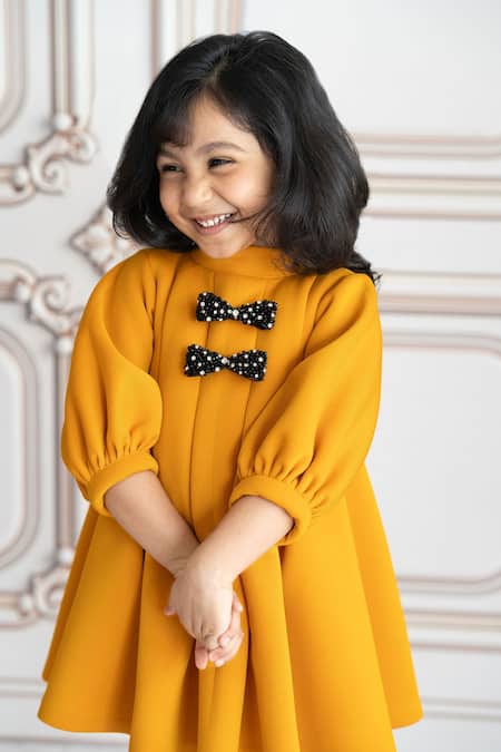 Buy_Ruchika Lath Label_Yellow Neoprene, Crepe Bows Placement Crystal Embroidered Dress _Online_at_Aza_Fashions