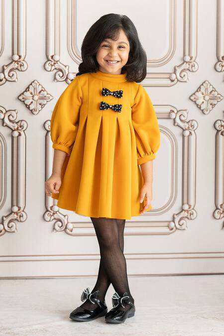 Shop_Ruchika Lath Label_Yellow Neoprene, Crepe Bows Placement Crystal Embroidered Dress _Online_at_Aza_Fashions