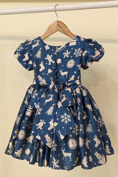 Ruchika Lath Label Blue Satin Christmas Theme Print Dress Online at Aza Fashions Ruchika Lath Label_Blue Satin Christmas Theme Print Dress _Online_at_Aza_Fashions