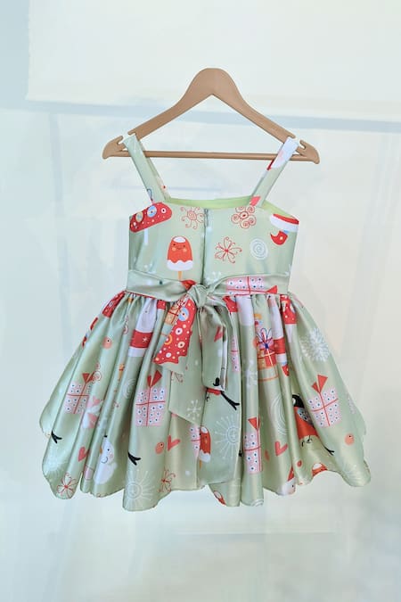 Ruchika Lath Label_Green Satin Christmas Theme Print Sleeveless Dress _Online_at_Aza_Fashions