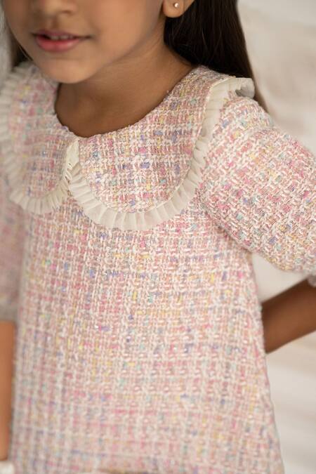 Ruchika Lath Label Pink Tweed, Crepe Fringe, Applique Peter Pan Collar A-line Dress Online at Aza Fashions Ruchika Lath Label_Pink Tweed, Crepe Fringe, Applique Peter Pan Collar A-line Dress _Online_at_Aza_Fashions