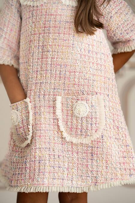 Buy Ruchika Lath Label Pink Tweed, Crepe Fringe, Applique Peter Pan Collar A-line Dress Online at Aza Fashions Buy_Ruchika Lath Label_Pink Tweed, Crepe Fringe, Applique Peter Pan Collar A-line Dress _Online_at_Aza_Fashions