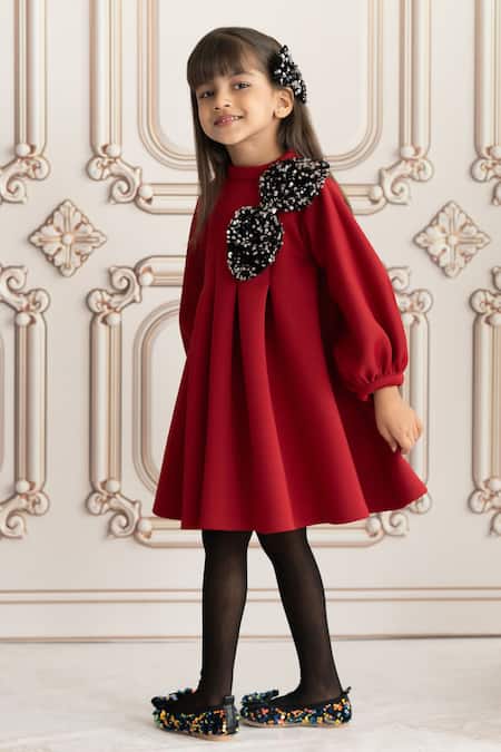 Ruchika Lath Label_Maroon Neoprene Sequins, Bows Rado Embellished Pleated Dress _Online_at_Aza_Fashions