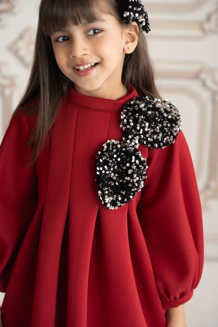 Buy_Ruchika Lath Label_Maroon Neoprene Sequins, Bows Rado Embellished Pleated Dress _Online_at_Aza_Fashions