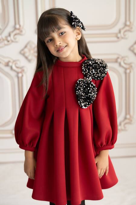 Shop_Ruchika Lath Label_Maroon Neoprene Sequins, Bows Rado Embellished Pleated Dress _Online_at_Aza_Fashions