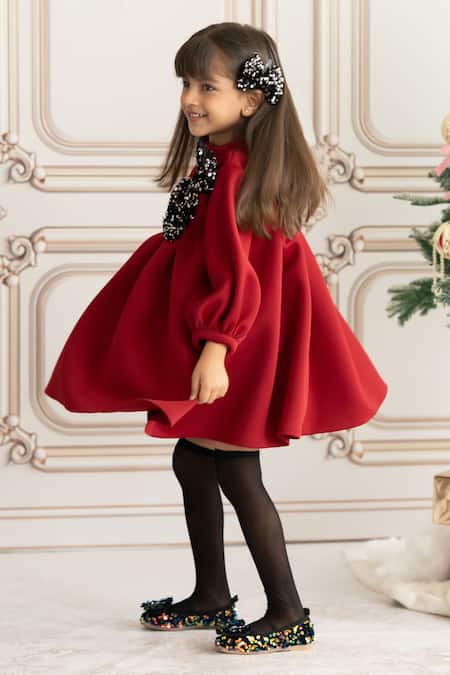 Ruchika Lath Label_Maroon Neoprene Sequins, Bows Rado Embellished Pleated Dress _at_Aza_Fashions