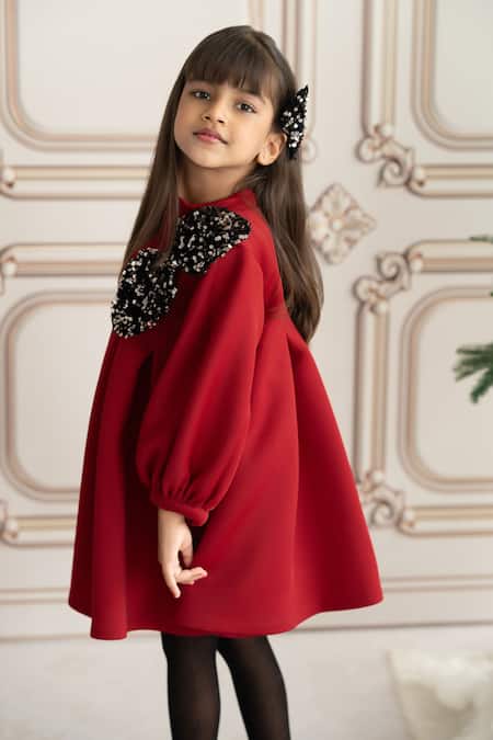Buy_Ruchika Lath Label_Maroon Neoprene Sequins, Bows Rado Embellished Pleated Dress 