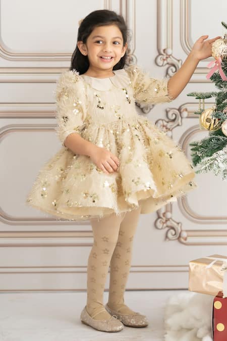 Ruchika Lath Label Gold Faux Leather Sequins Embroidered Flared Dress 