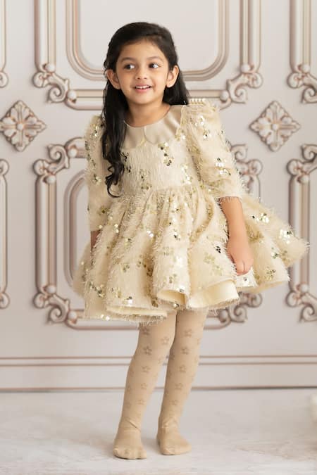 Ruchika Lath Label_Gold Faux Leather Sequins Embroidered Flared Dress _Online_at_Aza_Fashions