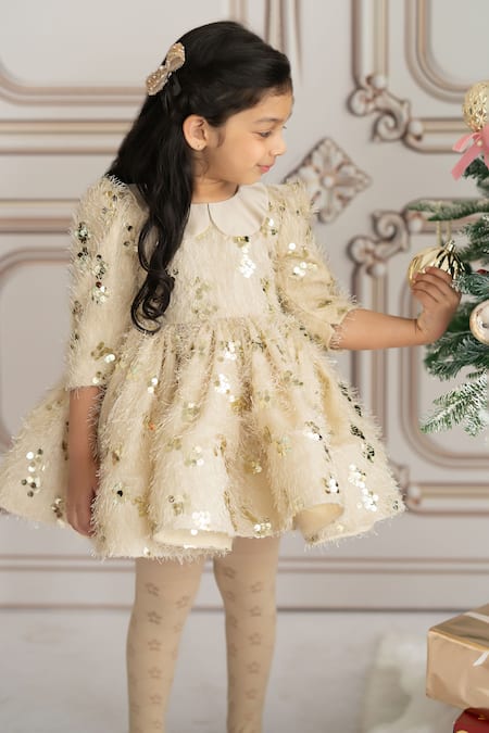 Ruchika Lath Label_Gold Faux Leather Sequins Embroidered Flared Dress _at_Aza_Fashions