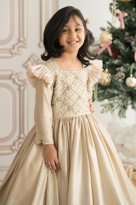 Ruchika Lath Label Gold Silk Pearls, Crystals Embroidered Flared Gown Online at Aza Fashions Ruchika Lath Label_Gold Silk Pearls, Crystals Embroidered Flared Gown _Online_at_Aza_Fashions