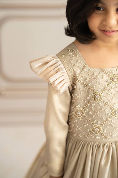 Shop Ruchika Lath Label Gold Silk Pearls, Crystals Embroidered Flared Gown Online at Aza Fashions Shop_Ruchika Lath Label_Gold Silk Pearls, Crystals Embroidered Flared Gown _Online_at_Aza_Fashions